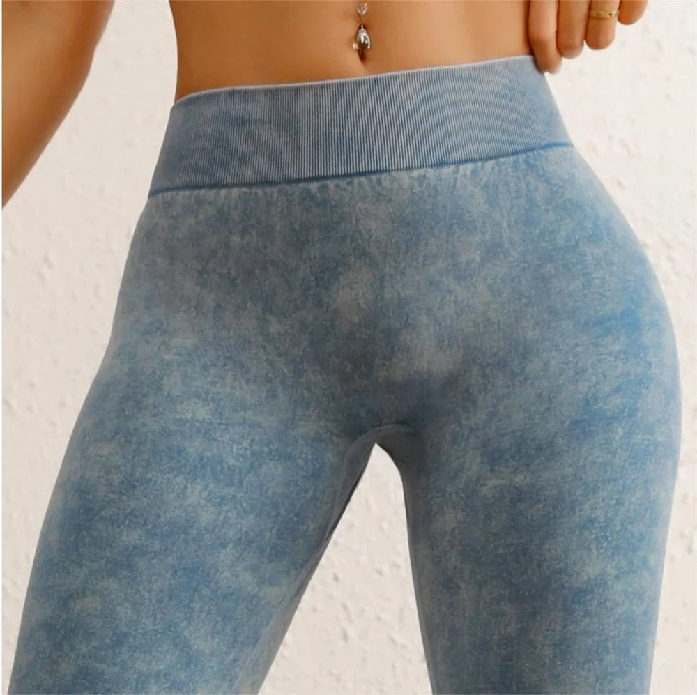 Women's V-Back Scrunch Butt Seamless Leggings – Acid Wash High-Stretch Yoga Pants for Gym & Cycling